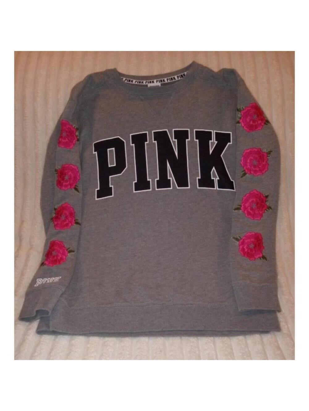 PINK Victoria's Secret Sweater Women's Size XS Grey Floral Sleeves